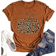 hcihgzr Womens Halloween Fall Shirt Funny Leopard Pumpkin Graphic T-Shirt TopsS,1 Brown