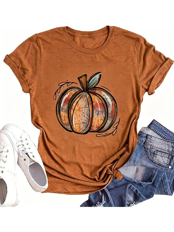 Womens Halloween Fall Shirt Funny Pumpkin Graphic T-Shirt Tops(XL,2 Brown)
