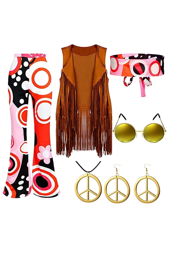 70s Retro Clothes,2024 Women's Hippie Party Vintage Costume Fringe Vest+Pants+Headband+Earrings+Glasses+Necklace 6-Piece Set,Hippie Outfit for Women,Hippie Accessories,Fringe Vest Hot Pink S