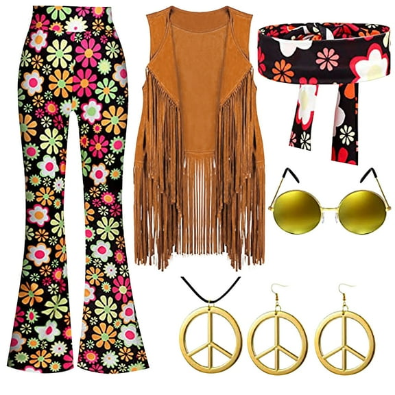 hcuribad 70s Retro Clothes,2024 Women's Hippie Party Vintage Costume Fringe Vest+Pants+Headband+Earrings+Glasses+Necklace 6-Piece Set,Hippie Outfit for Women,Hippie Accessories,Fringe Vest Black M