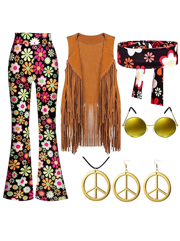 70s Retro Clothes,2024 Women's Hippie Party Vintage Costume Fringe Vest+Pants+Headband+Earrings+Glasses+Necklace 6-Piece Set,Hippie Outfit for Women,Hippie Accessories,Fringe Vest Black M