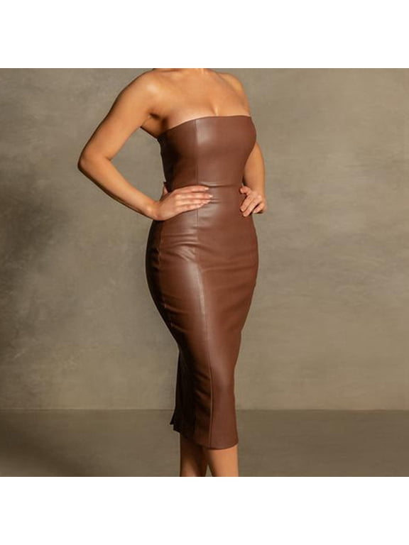 Leather Skirt,Maxi Dress Pu Leather Career Off The Shoulder Midi Pencil Dress Fashion Elegant Bodycon Backless Split Sexy Club Dress Corset Dress,Cocktail Dress formal Dress Brown Dress M