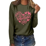 HCURIBAD Valentine's Shirts for Women Womens Shirts t Shirts for Women Happy Valentine's Day Ladies Printed Round Neck Long Sleeve Top t Shirt Army Green L