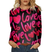 HCURIBAD Valentine's Shirts for Women Womens Shirts t Shirts for Women Women's Able Round Neck Long Sleeve Valentine's Day Love Print Top t Shirt Beige L