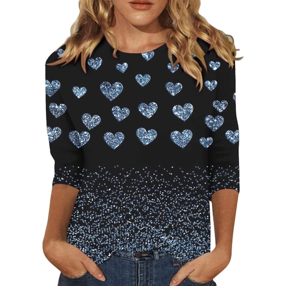 hcuribad Valentine's Shirts for Women Womens Shirts t Shirts for Women Women's Long Sleeved Round Neck Valentine's Day Heart Printed Top Light Blue 2XL