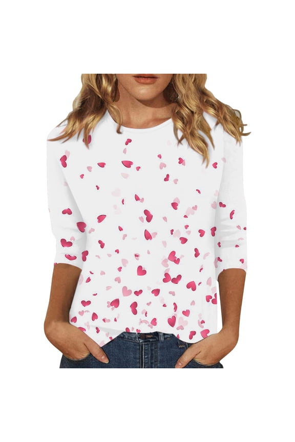 Valentine's Shirts for Women Womens Shirts t Shirts for Women Women's Long Sleeved Round Neck Valentine's Day Red Heart Printed Top Hot Pink 2XL