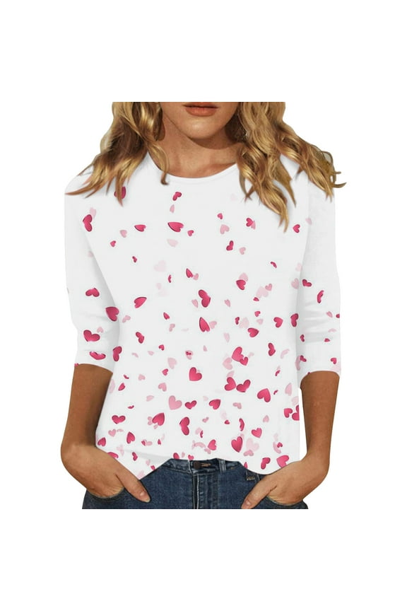 Valentine's Shirts for Women Womens Shirts t Shirts for Women Women's Long Sleeved Round Neck Valentine's Day Red Heart Printed Top Hot Pink L