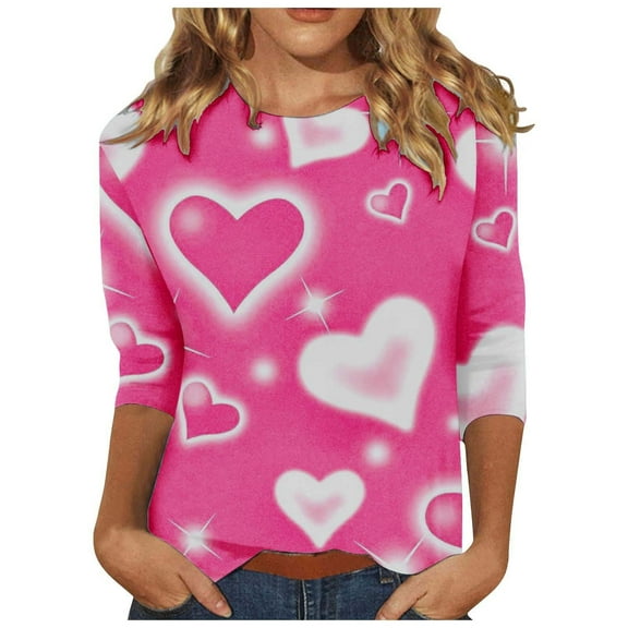 hcuribad Valentine's Shirts for Women Womens Shirts t Shirts for Women Women's Round Neck Valentine's Day Love Print Three Quarter Sleeve t Shirt Hot Pink L