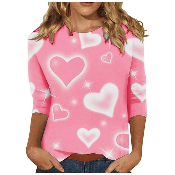 hcuribad Valentine's Shirts for Women Womens Shirts t Shirts for Women Women's Round Neck Valentine's Day Love Print Three Quarter Sleeve t Shirt Pink S