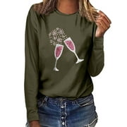 HCURIBAD Valentine's Shirts for Women Womens Shirts t Shirts for Women Women's Valentine's Day Glass Printed Round Neck Long Sleeve Top t Shirt Army Green L