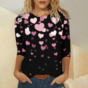 hcuribad Valentine's Shirts for Women Womens Shirts t Shirts for Women Womens Tops Three Quarter Sleeve Round Neck Tee t Shirt Loose Blouse Loose Tunic Black L