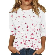 hcuribad Valentine's Shirts for Women Womens Shirts t Shirts for Women Women's Long Sleeved Round Neck Valentine's Day Red Heart Printed Top Hot Pink L