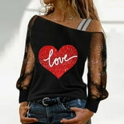 HCURIBAD Valentine's Shirts for Women Womens Shirts t Shirts for Women Love Women's Love Printed Mesh Long Sleeved Patchwork Top Red L