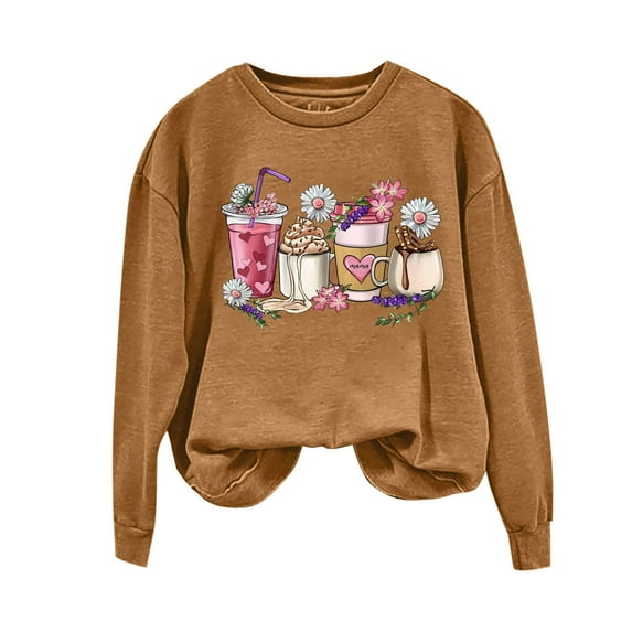 hcuribad Valentine's Shirts for Women Womens Shirts t Shirts for Women Women's Long Sleeve Valentine's Day Print Round Neck t Shirt Coffee XL