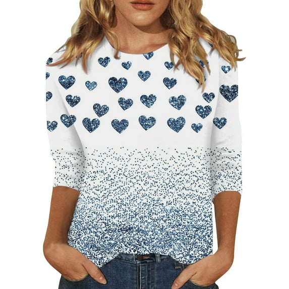 hcuribad Valentine's Shirts for Women Womens Shirts t Shirts for Women Women's Long Sleeved Round Neck Valentine's Day Heart Printed Top White S