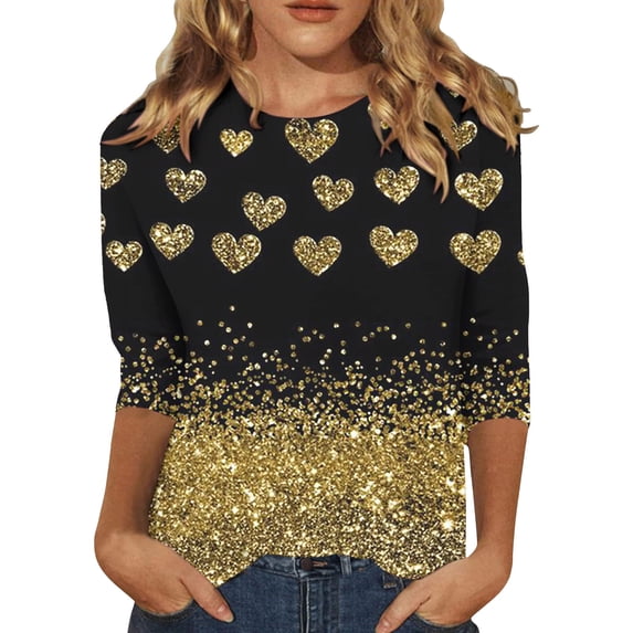 hcuribad Valentine's Shirts for Women Womens Shirts t Shirts for Women Women's Long Sleeved Round Neck Valentine's Day Heart Printed Top Yellow XL