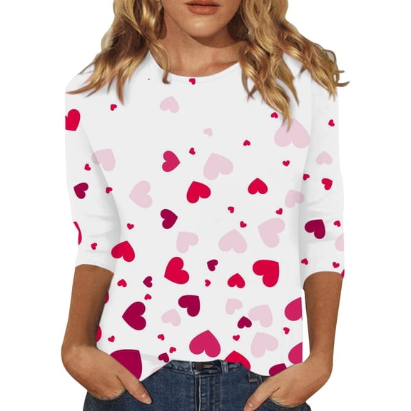 hcuribad Valentine's Shirts for Women Womens Shirts t Shirts for Women Women's Long Sleeved Round Neck Valentine's Day Red Heart Printed Top Pink XL