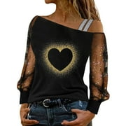HCURIBAD Valentine's Shirts for Women Womens Shirts t Shirts for Women Women's Love Fine Glitter Printed Mesh Long Sleeved Patchwork Top Yellow S