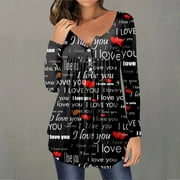 hcuribad Valentine's Shirts for Women Womens Shirts t Shirts for Women Womens Long Sleeve Love Print Top t Shirt Black L