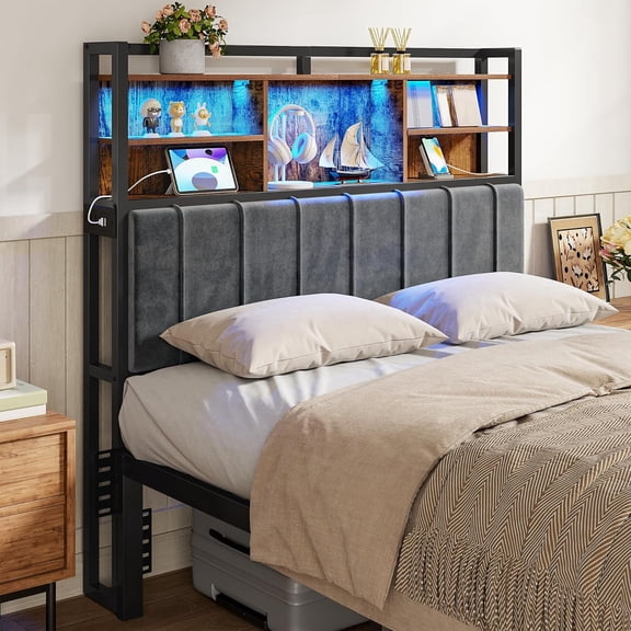 headboard with 3-tier storage racks, full-size | Velvet padded headboard with 2 outlets, USB port, and LED light, bed with soft backrest, rustic brown and black