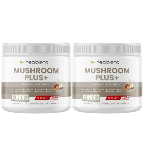 Healblend Mushroom Plus  Powder 2000mg - 10 Organic Mushrooms for Brain, Immune & Stress Support - Adaptogenic Supplement - 60-Day Supply (2 Pack)