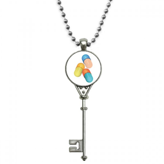 health care products capsule pill pattern pendant vintage necklsilver key jewelry