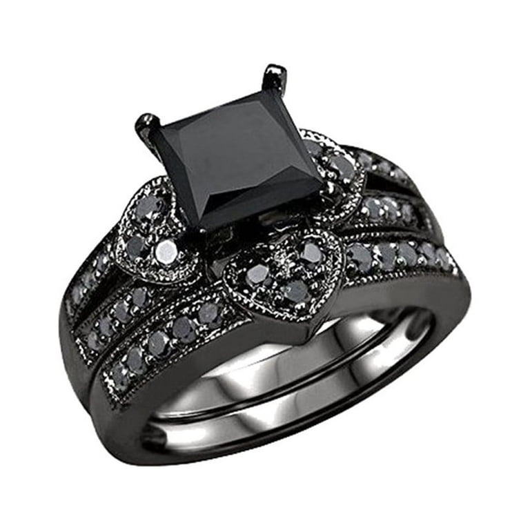 heart hollow black diamond-studded ring for women elegant creative  love-hollow-shape black stone diamond rings ladies ring female fashion