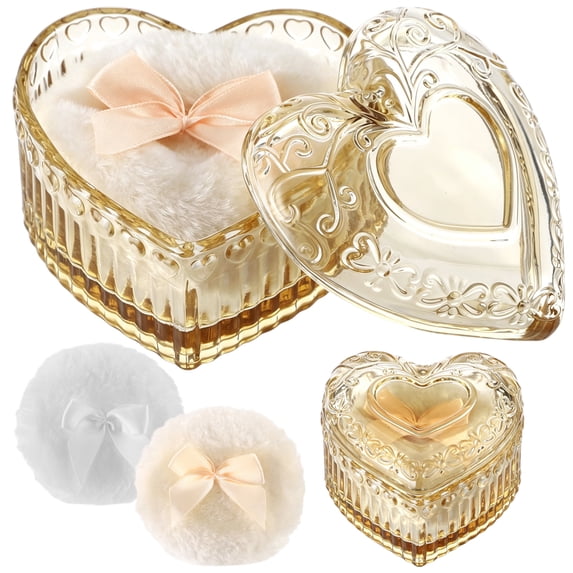 3 Pcs Large Powder Puff Set, Heart-shaped Glass Container with Soft Plush Makeup Puffs, Washable & Reusable, Cute Vanity Décor for Wet and Dry Makeup, Yellow