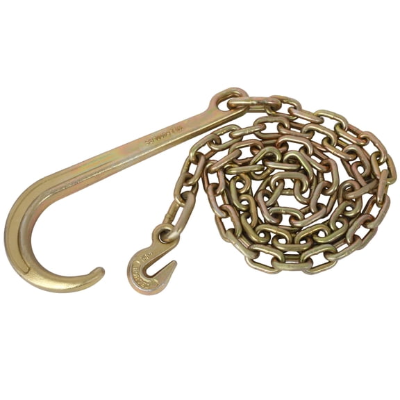 heavy duty tow chain with 15 inch forged J hook and grab hook - 6 foot grade 70 steel towing chain for flatbed and tow truck operators, 4,700 lb safe working load