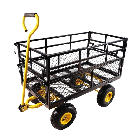 heavy duty wagon cart for firewood transport, garden dump cart with inflatable tires black 600 lbs capacity metal frame