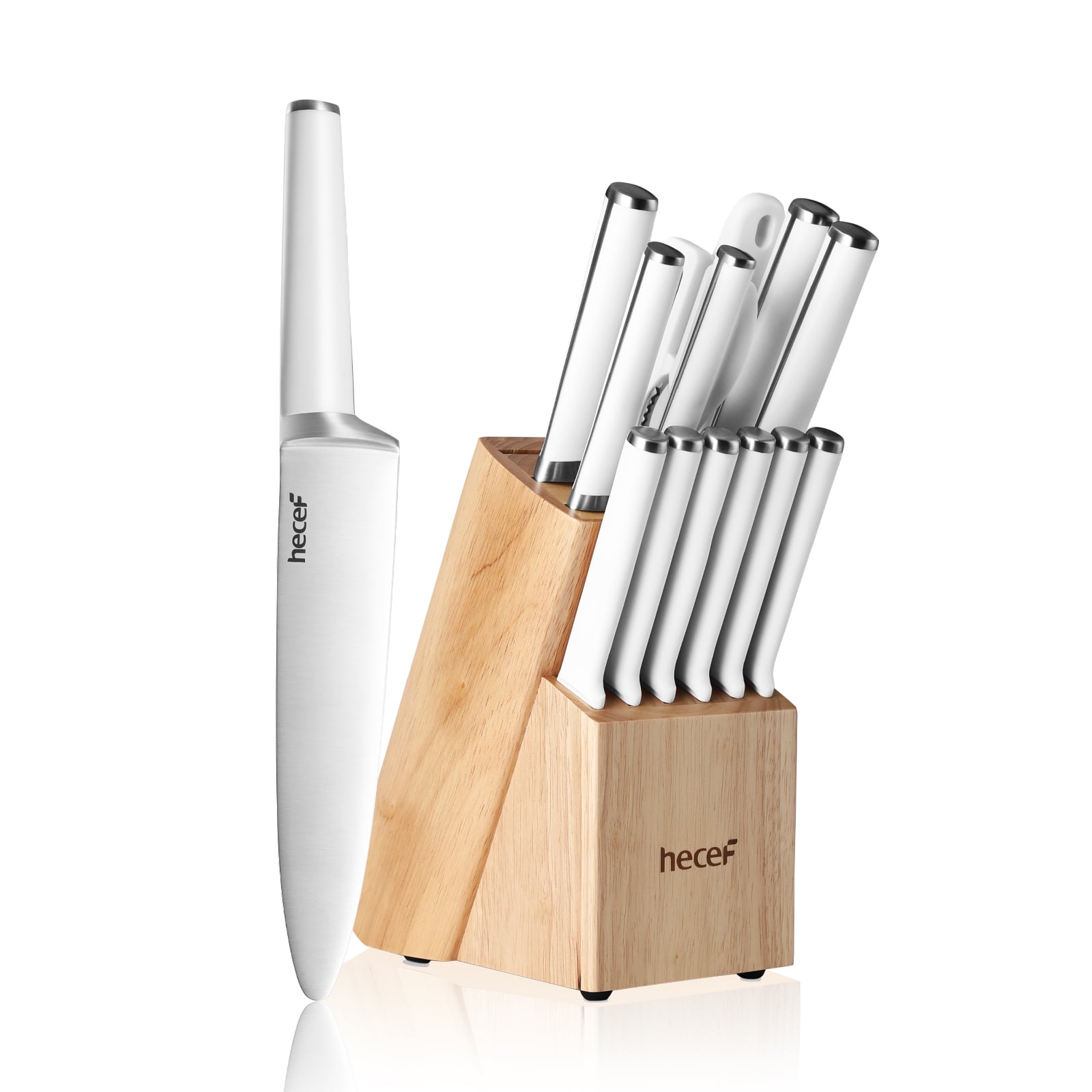 hecef 15 Pieces White Kitchen Knife Set with Wooden Block, High