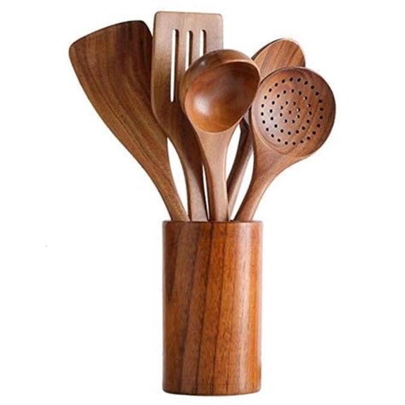 hejhncii 6 Pcs Kitchen Cooking Utensils Set Pure Natural Wooden Non-toxic Spatula Spoon Colander Nonstick Cookware Kit Home Kitchen Baking Supplies