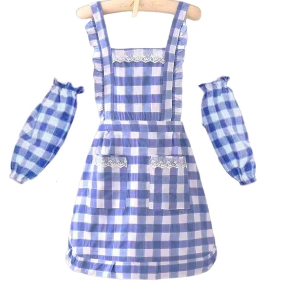hejhncii Practical Blue Checkered Kitchen Apron And Oversleeves Breathable Cooking Apron