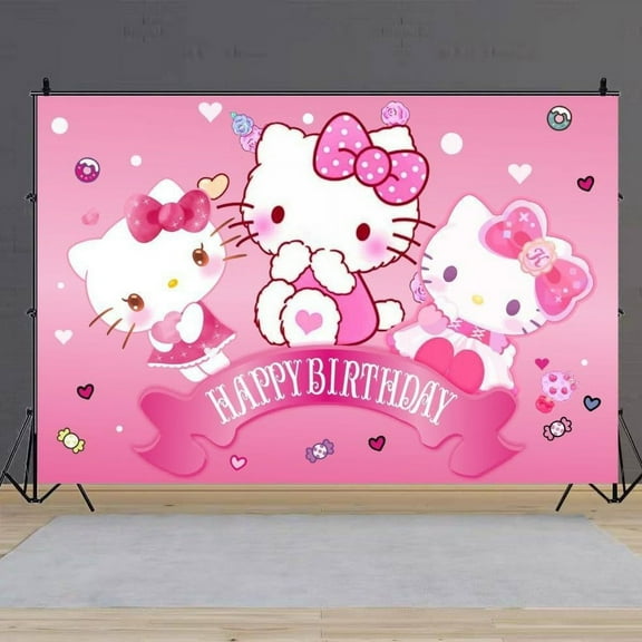 hello Anime Kitty Happy Birthday Anime Cartoon Theme Backdrops Banner Birthday Party Decor Supplies,5.9x3.6ft