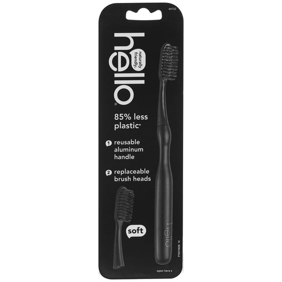 hello Sustainable Toothbrush with Reusable Black Modern Aluminum Handle & 2 Soft Replacement Heads, BPA-Free