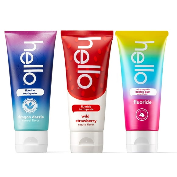 hello Variety (Unicorn, Strawberry, NG01Dragon) Fluoride Kids Toothpaste, Anticavity, Natural Flavors, Vegan, SLS Free, Gluten Free, Ages 2+, 4.2 Ounce (Pack of 3)
