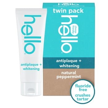 hello Antiplaque and Whitening Fluoride Free Toothpaste, Natural Peppermint, 2 Pack, 5 oz