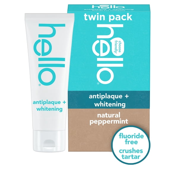 hello Antiplaque and Whitening Fluoride Free Toothpaste, Natural Peppermint, 2 Pack, 5 Oz