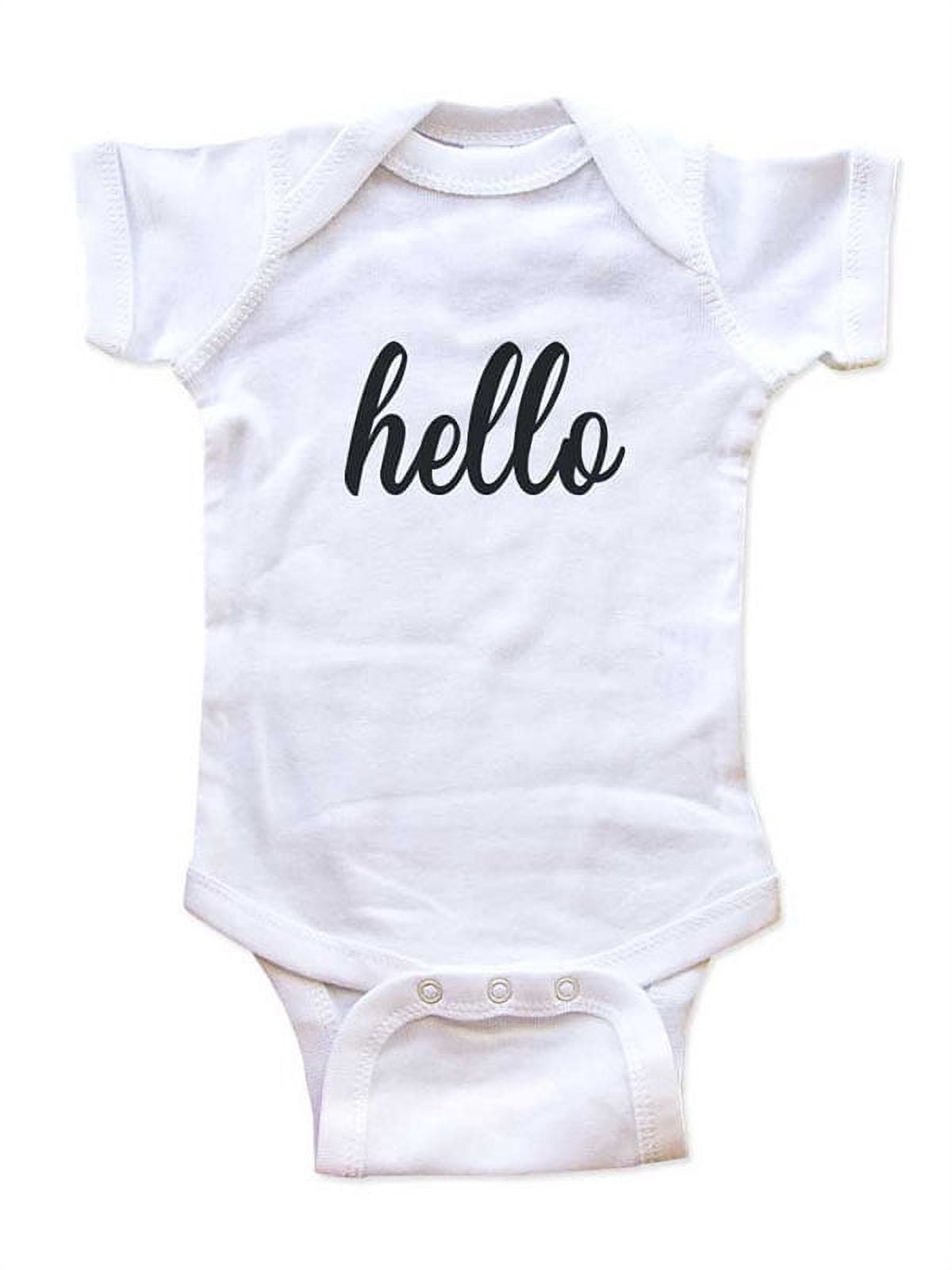 hello (script font) new baby surprise - wallsparks cute & funny Brand - baby one piece bodysuit - Great baby shower gift!