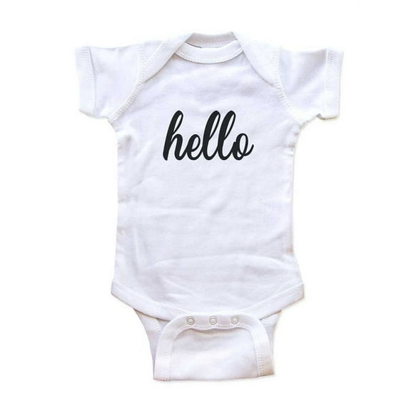 hello (script font) new baby surprise - wallsparks cute & funny Brand - baby one piece bodysuit - Great baby shower gift!