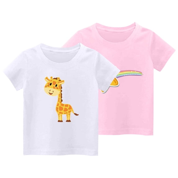 hengsof 2 Pack Girls Cute Animal Print Short Sleeve T-Shirt Set Summer Children Cotton Thin Crew Neck Casual Tops Sizes 2-10