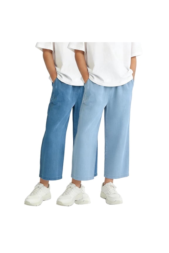 2 Pack Lightweight Wide Leg Pants for Girls, Summer Cooling Fabric Casual Trousers, Elastic Waist Cropped Pants for Warm Weather, Size 3-14 Years