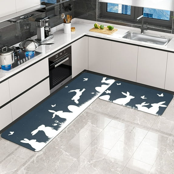 hengsof 2 Pcs Easter Kitchen Rug Cute Bunny Ears Easter Doormat Seasonal Floral Easter Rug Non Slip Spring Mat for Kitchen Indoor Outdoor Yard Entrance Floor Garage Patio