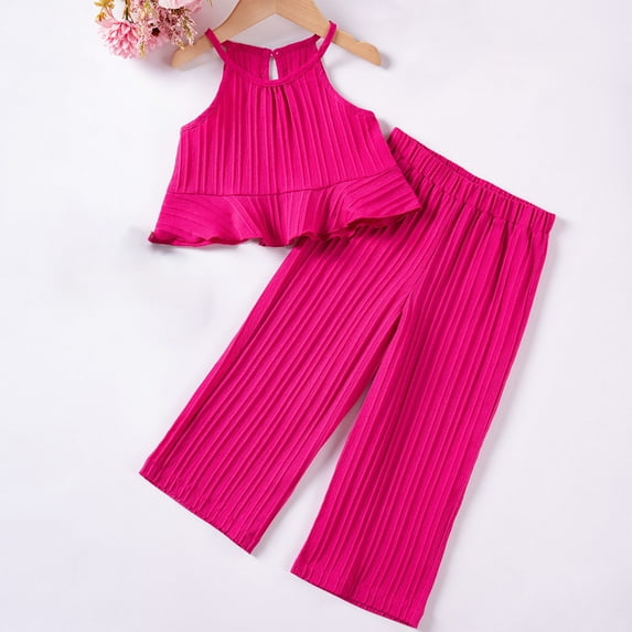 hengsof 2PC Baby Girl Clothes Toddler Girl Summer Outfits Sleeveless Ruffle Halter Tops Wide Leg Pants Kids Clothing Set