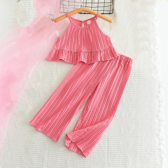 hengsof 2PC Baby Girl Clothes Toddler Girl Summer Outfits Sleeveless Ruffle Halter Tops Wide Leg Pants Kids Clothing Set