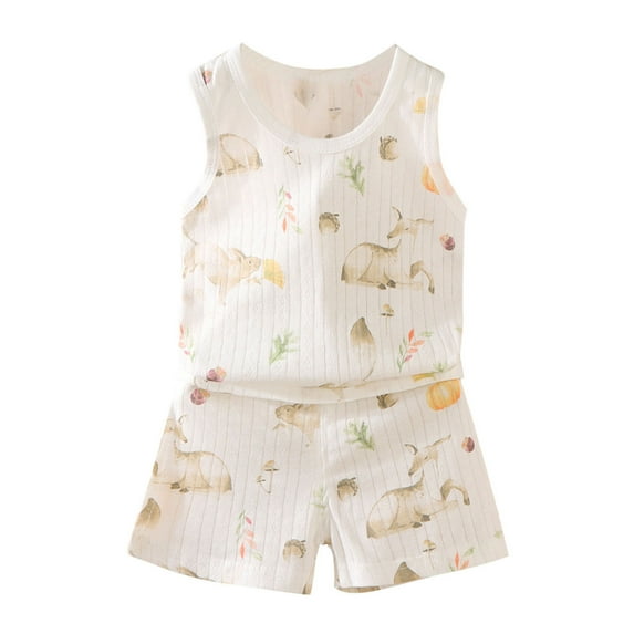 hengsof 2PC Children's Set Sleeveless Crew Neck Top Printed Shorts Lightweight Summer Set Suitable for Children Toddlers Aged 1-8