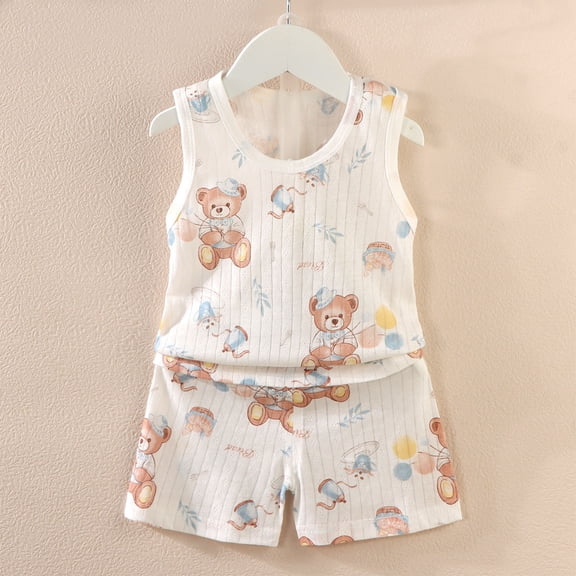 hengsof 2PC Children's Set Sleeveless Crew Neck Top Printed Shorts Lightweight Summer Set Suitable for Children Toddlers Aged 1-8