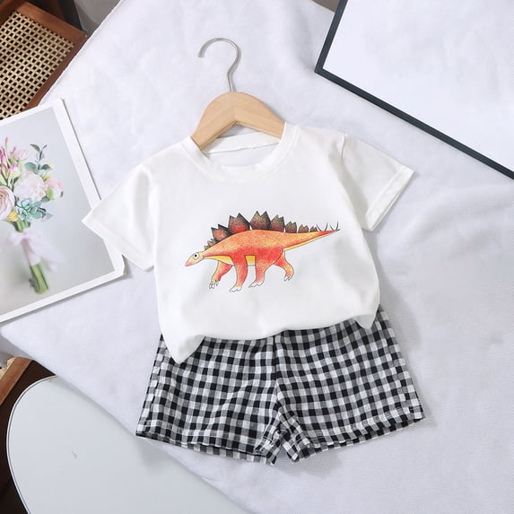 hengsof 2PC Childrens Cute Design and Plaid Shorts Ensemble, Short Sleeve T Shirt and Bottoms Outfit for Adventures Kids Playful Top