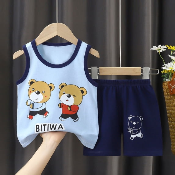 hengsof 2PC Toddlers and Children Summer Clothing Cute Pattern Vest Shorts Set Lightweight Cotton Shorts Set Round Neck Sleeveless Top Shorts Set