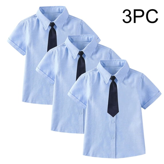 hengsof 3PC Boys' Summer Short Sleeve Button Down Collar Shirt Fashion School Uniform Top and Tie Set Suitable for Children